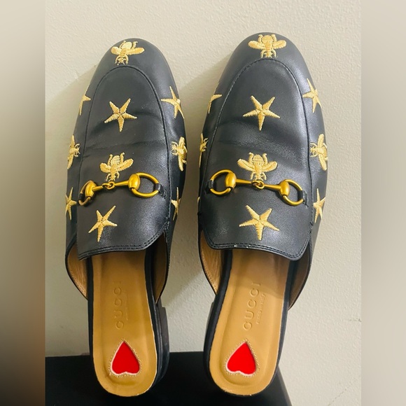 Gucci Black and Gold Embroidered Mules